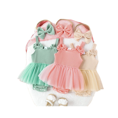 Infant Sleeveless Baby Girl Sunken Stripe Solid Color Gauze Skirt Triangle Rompers Bow Headband