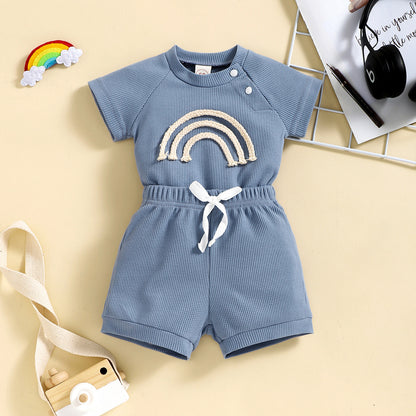 Rainbow Waffle Four-color Side Button Short Sleeve Baby Bodysuit Shorts Suit