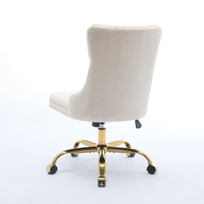 A&A Furniture Office Chair,Modern Velvet Upholstered Tufted Button Home Office Chair With Golden Metal Base,Adjustable Desk Chair Swivel Office Chair Beige
