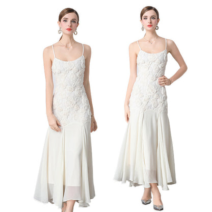 French Style Machine Embroidery Rose Flower Sling Dress