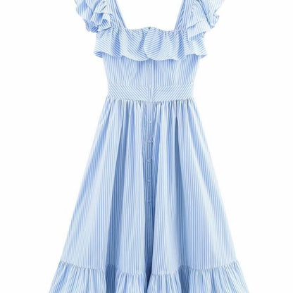 Women's Three-color Single-breasted Striped Ruffled Waist Dress