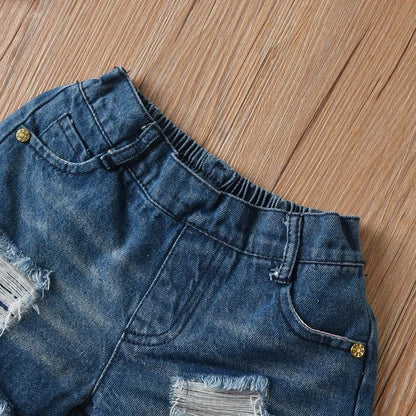 Girls' Spaghetti-strap Floral Print Jeans Suit