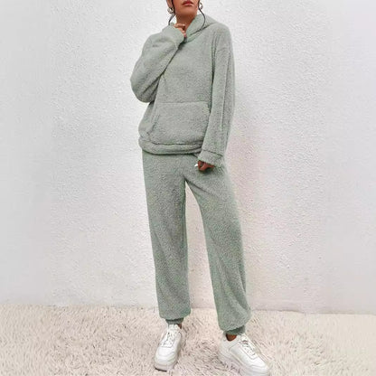 Women's Solid Color Plush Hooded Long Sleeve Trousers Suit