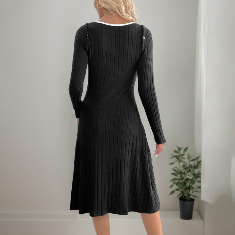Elegant Style Detachable Long Sleeve V-neck Black Knitted Dress
