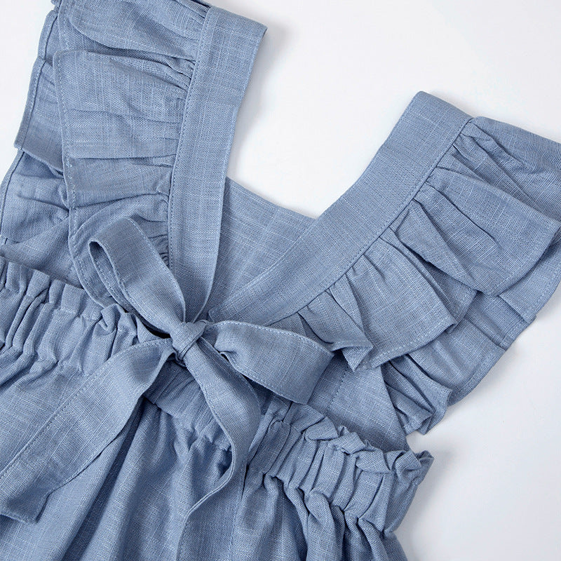 Girls' Cotton And Linen Bowknot Wooden Ear Embroidery Dress