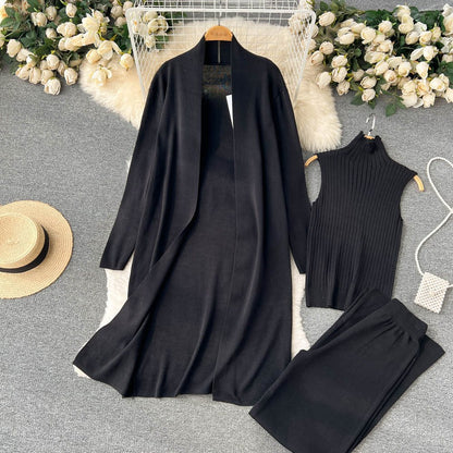Autumn New Lazy And Loose Knitting Suit Women's Long Shawl Cardigan Turtleneck Sweater Wide Leg Pants Three-piece Set