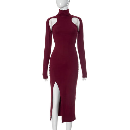 Slim-fit Deep Cerise Split Mid-length Dress