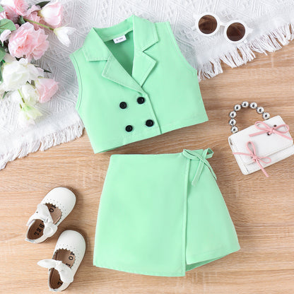 Girl's Candy Color Vest Suit Top Skirt Suit
