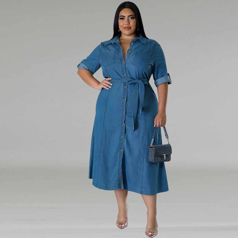 Denim Lapel Long Sleeve Tied Midi Dress