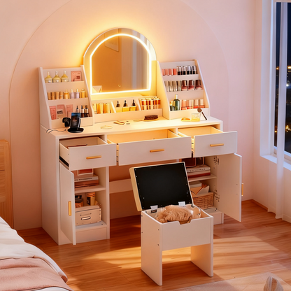 47.2 Makeup Vanity With Mirror And Light, Vanity Desk With Cushioned Storage Stool, Dressing Table With Two Organizers,3 Drawers And 2 Cabinets For Bedroom, White
