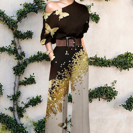 European American Fashion Floral Print One-shoulder High Waist Jumpsuit For Women