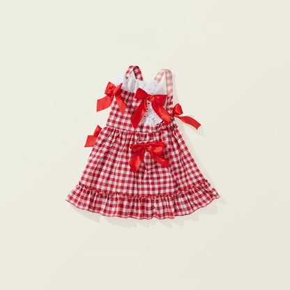 Girls' Red Plaid Bow Suspenders Princess Dress