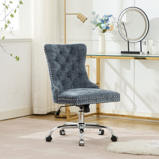 A&A Furniture Office Chair,Modern Chenille Upholstered Tufted Button Home Office Chair With Chrome Metal Base,Adjustable Desk Chair Swivel Office Chair Light Blue