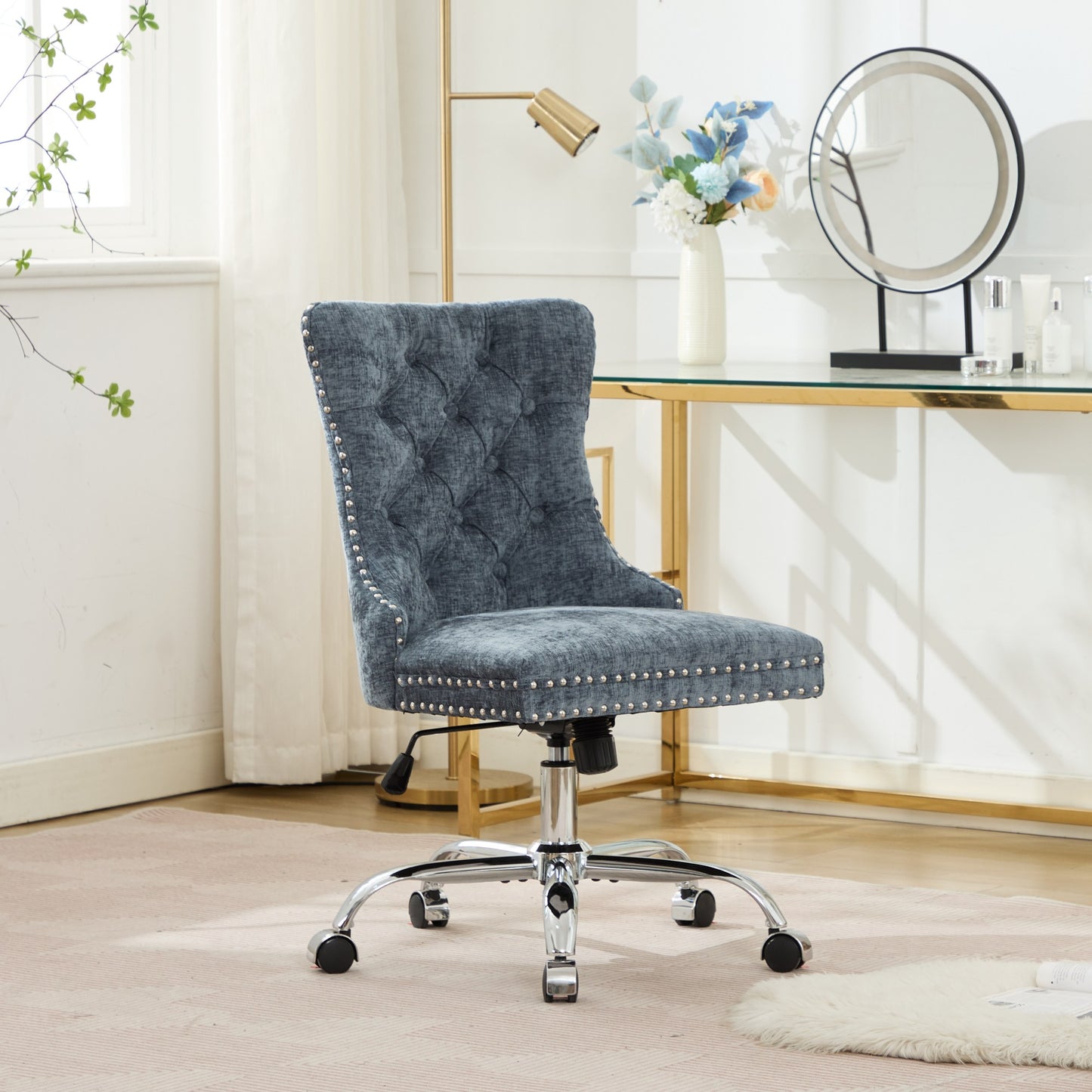 A&A Furniture Office Chair,Modern Chenille Upholstered Tufted Button Home Office Chair With Chrome Metal Base,Adjustable Desk Chair Swivel Office Chair Light Blue