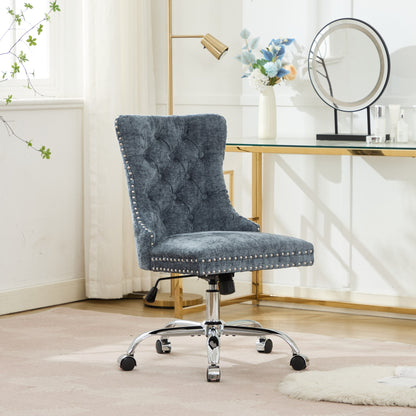 A&A Furniture Office Chair,Modern Chenille Upholstered Tufted Button Home Office Chair With Chrome Metal Base,Adjustable Desk Chair Swivel Office Chair Light Blue