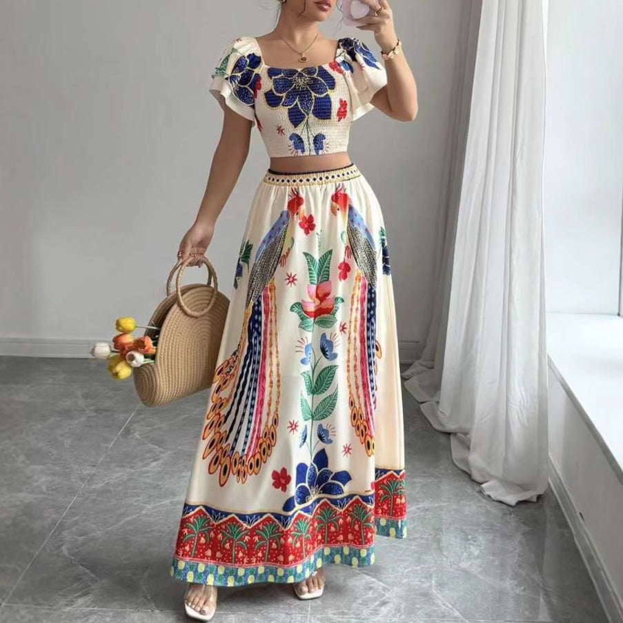 Printed Casual Vacation Bohemian Short-sleeved Top And Long Skirt Ladies Set