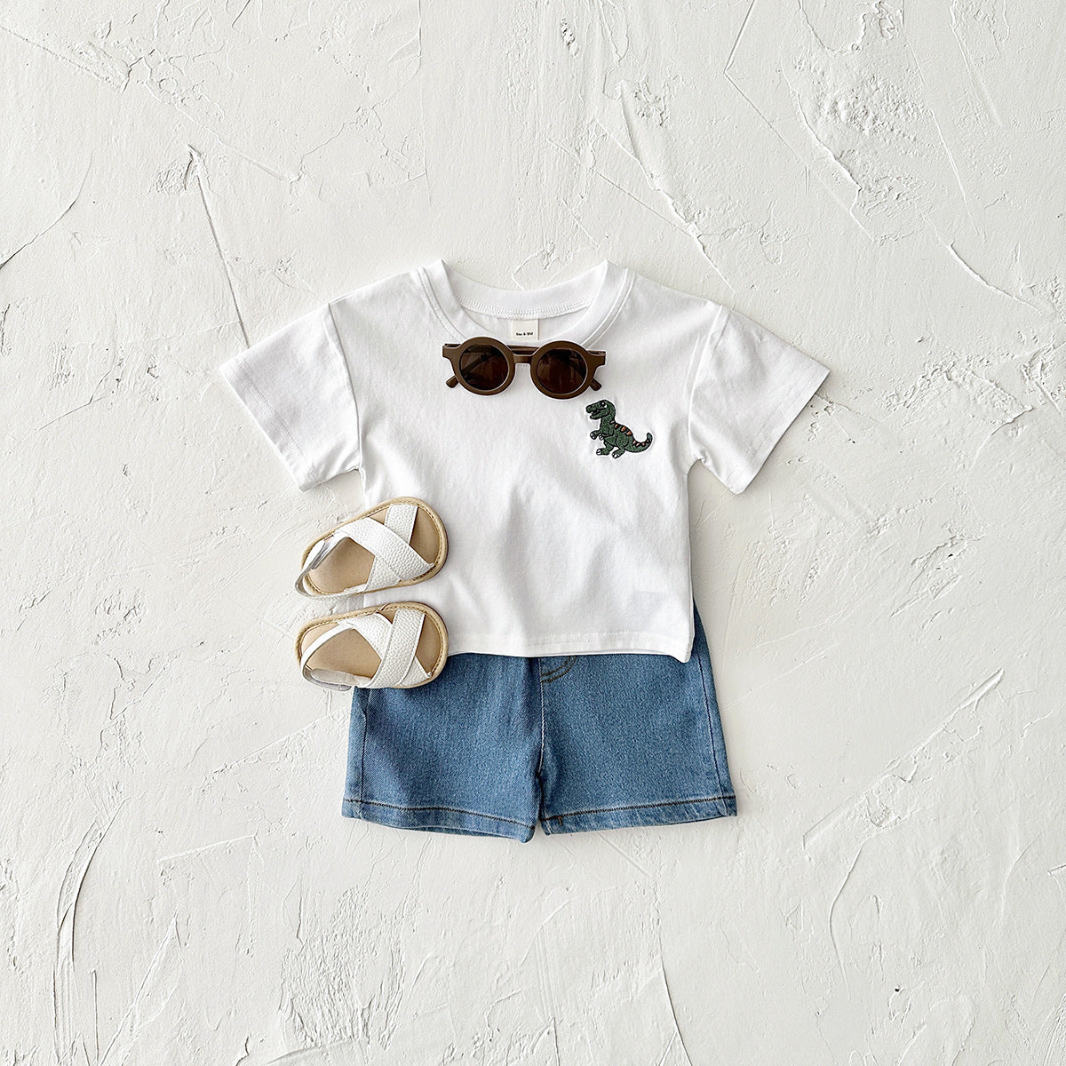 Children's Cartoon Dinosaur Embroidery Short Sleeved Set