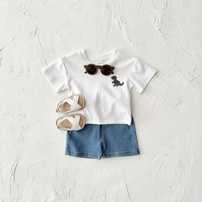 Children's Cartoon Dinosaur Embroidery Short Sleeved Set