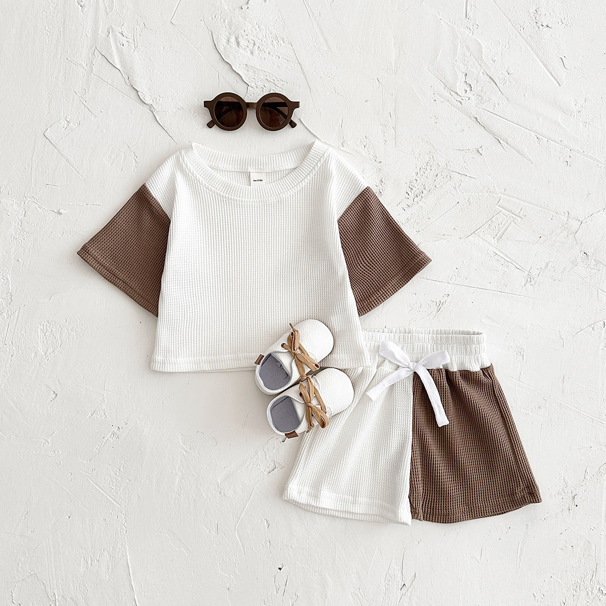 Waffle Stitching Short Sleeve Suit Korean Children Baby Two-piece Suit
