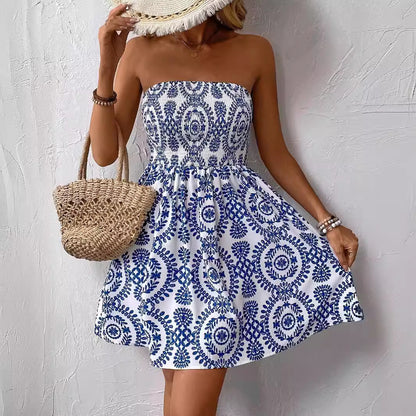 Elegant Fashion Blue Printed Tube Top Dress