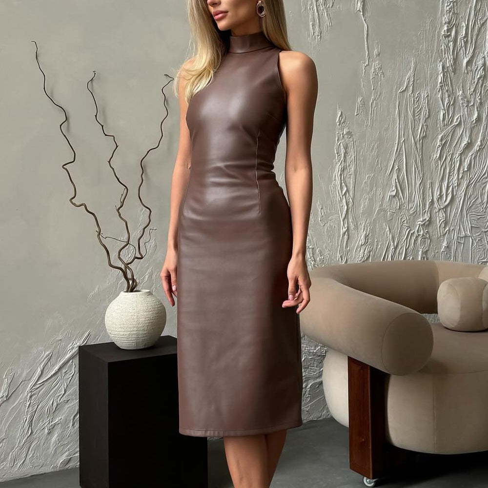 Sleeveless Stand Collar Temperament Split Slim-fit Solid Color Dress