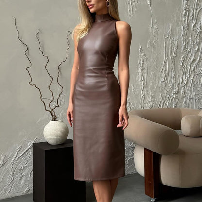 Sleeveless Stand Collar Temperament Split Slim-fit Solid Color Dress