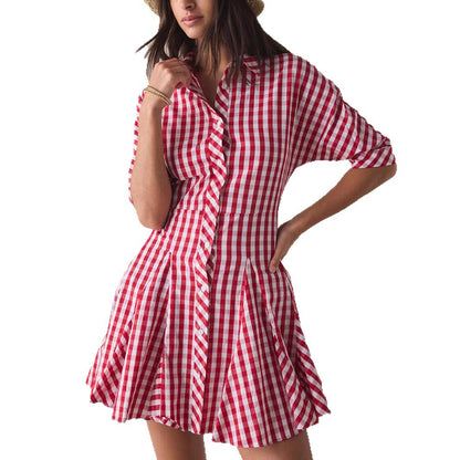 New French Sweet Red Plaid Waist-cinching Dress
