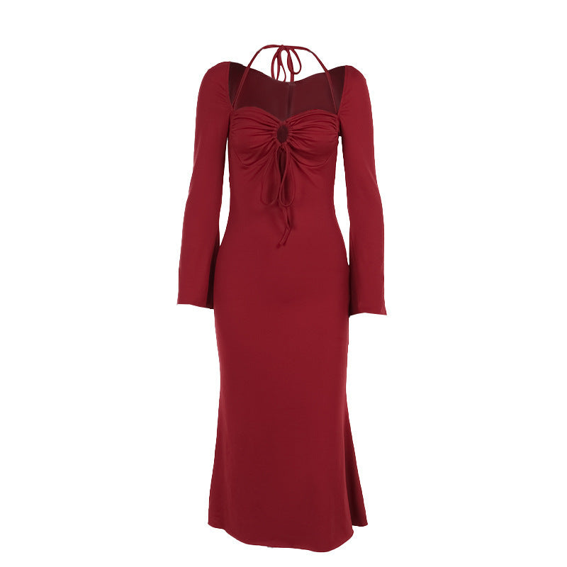 Women's Autumn Halterneck Long-sleeved Thin Strap Slim Fit Dress