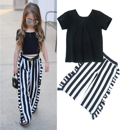 Girls new children's fashion tide black short T + striped fungus wide leg pants