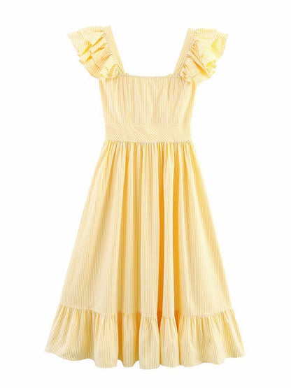 Women's Three-color Single-breasted Striped Ruffled Waist Dress