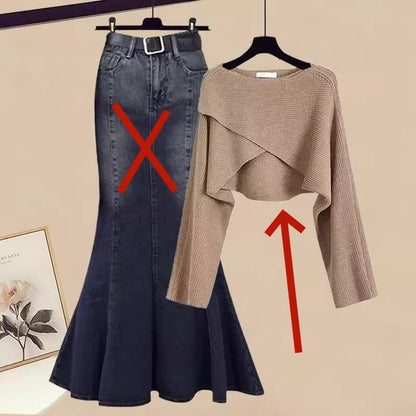 Autumn Elegant Women's All-matching Long Sleeve Top Fishtail Skirt Two-piece Suit