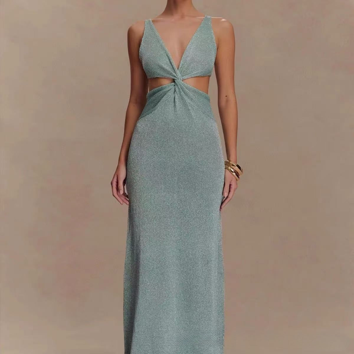 Sexy Twisted Vest Gold And Silver Wire Spring And Summer V-neck Dress