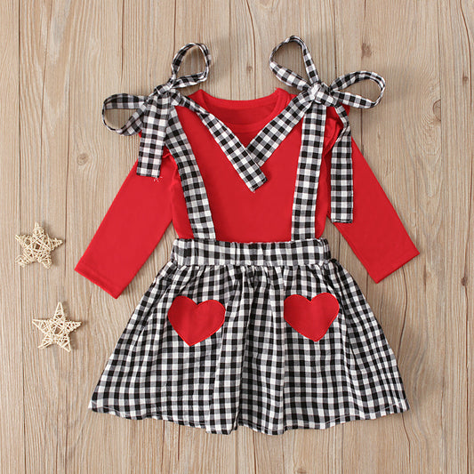 Girls' Long-sleeved Bow Suspender Skirt Suit