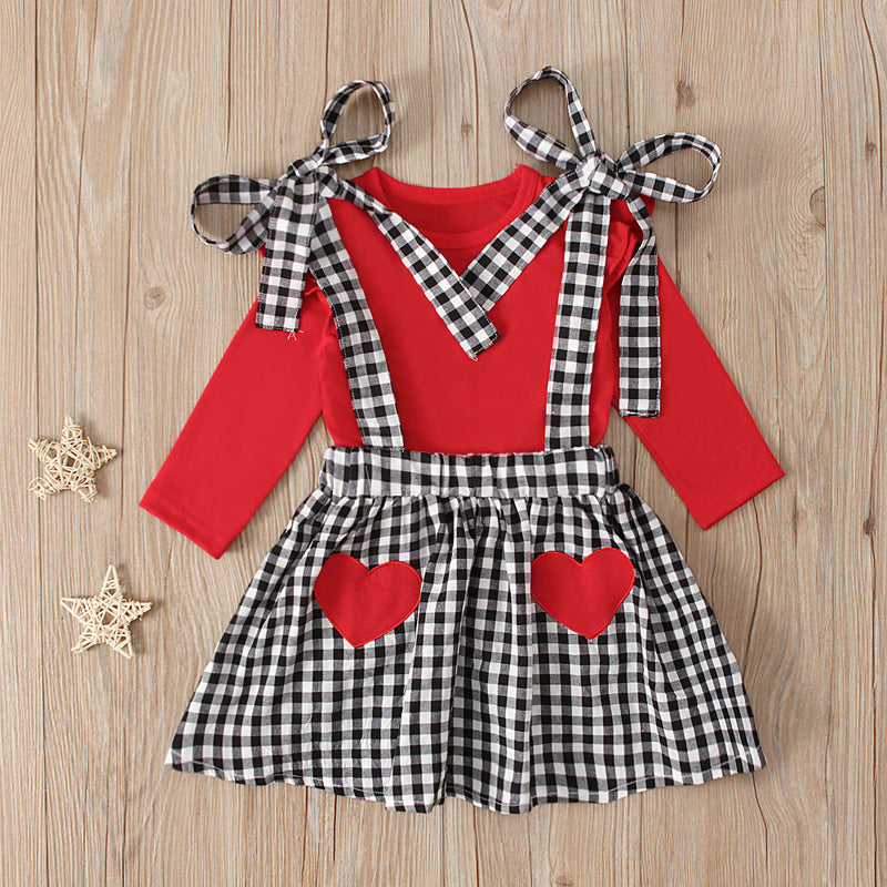 Girls' Long-sleeved Bow Suspender Skirt Suit