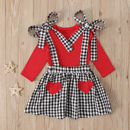 Girls' Long-sleeved Bow Suspender Skirt Suit
