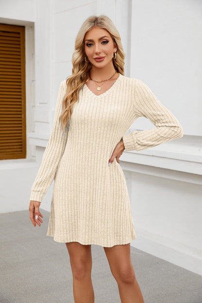 V-neck Pocket Sunken Stripe Brushed Long Sleeve Leisure Dress
