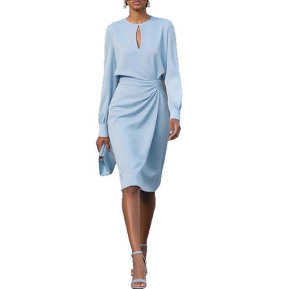 Temperament Pure Color Pleated Waist Tight Round Neck Hollow Dress