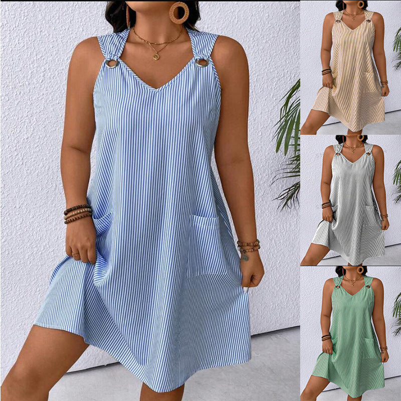 New Round Neck Striped Style With Pockets Suspender Jumpsuit Skirt