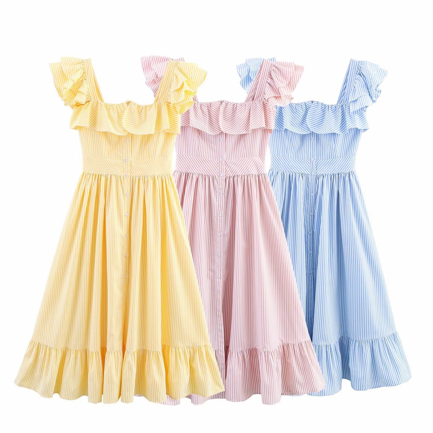 Women's Three-color Single-breasted Striped Ruffled Waist Dress