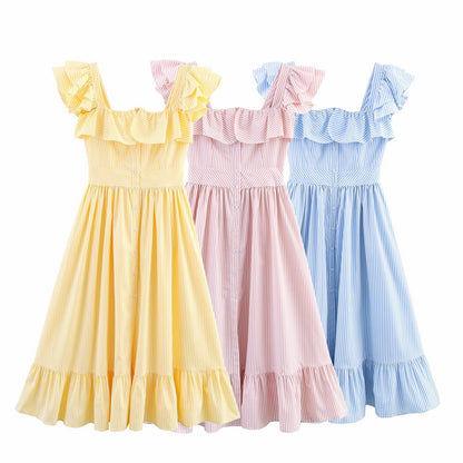 Women's Three-color Single-breasted Striped Ruffled Waist Dress