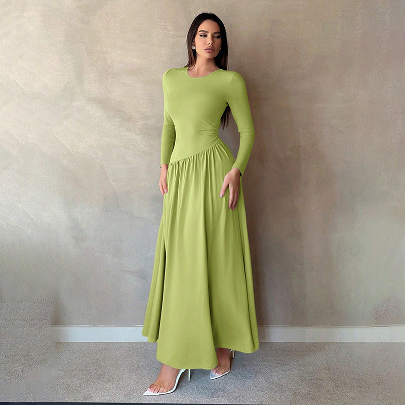 Base Pleated Solid Color Long Dress