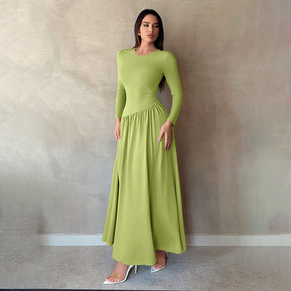 Base Pleated Solid Color Long Dress