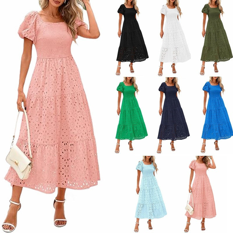 Square Collar Puff Sleeve Pleating Mesh Short Sleeve Dress