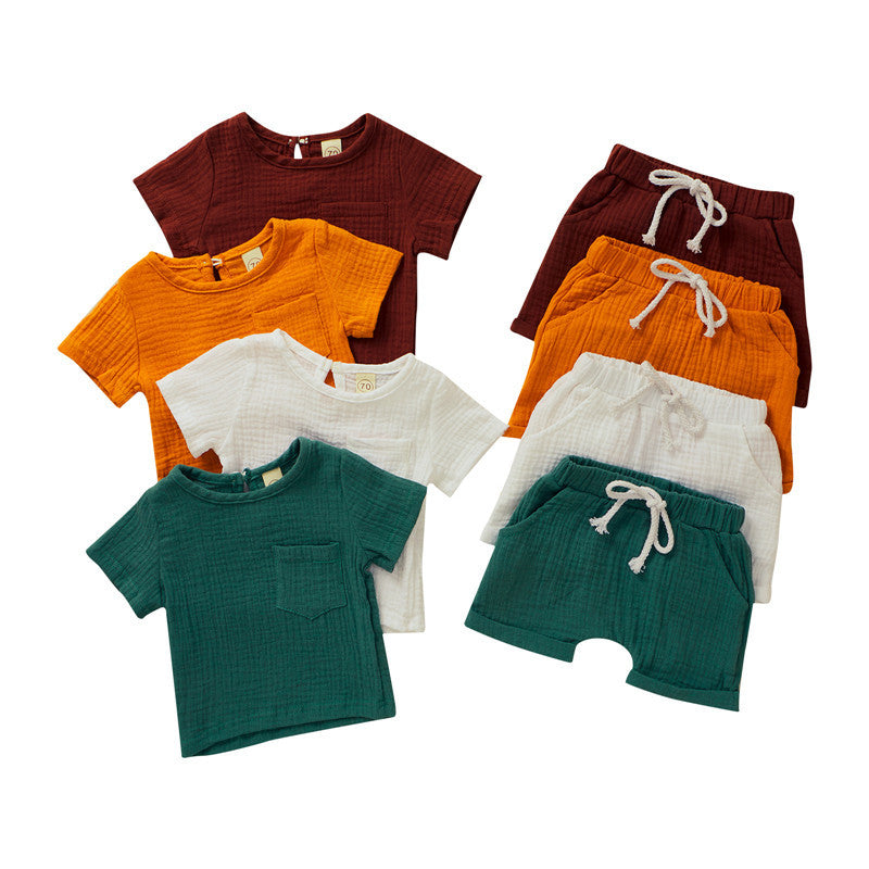 Two Piece Cotton Double Crepe Short Sleeved Shorts