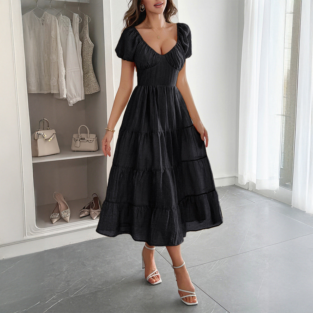 Casual Vacation Style Puff Sleeve Maxi Dress