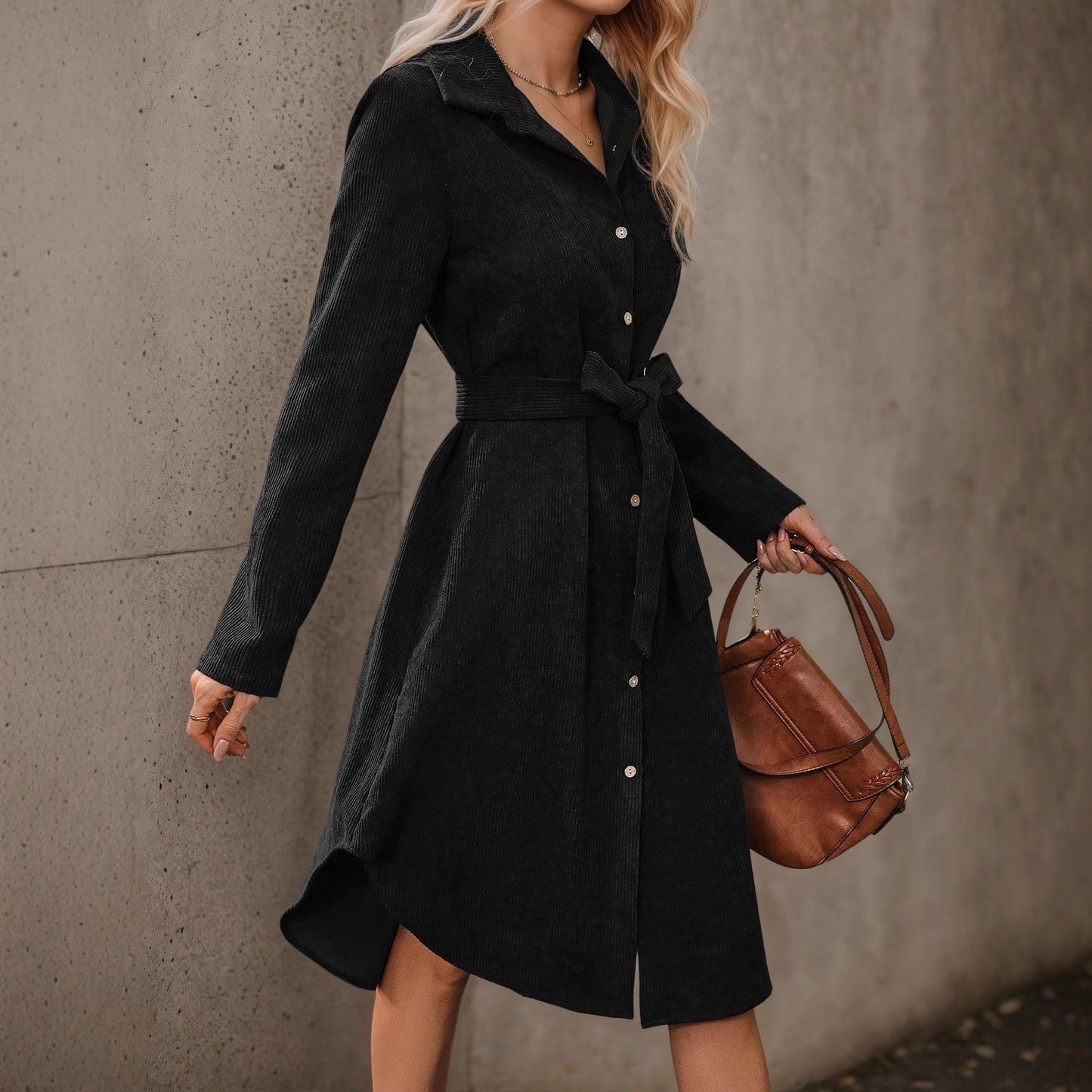 Front Button Belted Irregular Long Sleeve Corduroy Dress
