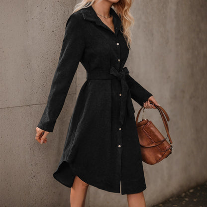 Front Button Belted Irregular Long Sleeve Corduroy Dress