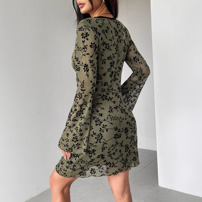 New Bell Sleeve Double-layer Mesh Flocking Large V-neck Dress