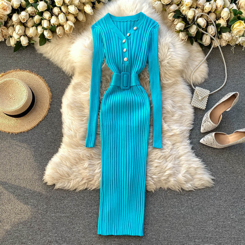 Autumn And Winter Design Sense Belt Waist Slimming Hollow Stripes Slim Fit Dress
