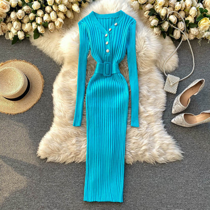 Autumn And Winter Design Sense Belt Waist Slimming Hollow Stripes Slim Fit Dress